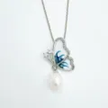 Elegant butterfly pearl pendant necklace featuring white and blue enamel and zircon stones. - Pendant Only (Without Chain) - Silver (Freshwater Pearl)