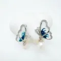 Asymmetrical butterfly earrings with pearl drops, elegant copper zircon drop oil fashion jewelry. - Stud Earrings - Silver (Freshwater Pearl)