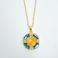Gold-plated geometric pendant necklace featuring vibrant mother-of-pearl and sparkling clear rhinestones. - Abalone Shell Pendant - Gold / Empty Setting (Without Chain)