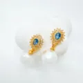 Pendientes colgantes vintage dorados con piedra azul perla y elegante joyería de mujer SKU - Pendientes de botón / Decoración de perlas artificiales / Dorado
