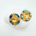 Gold plated copper round stud earring blank setting with blue shell inlay and clear zircon. - Abalone Shell Earrings - Gold / Empty Setting