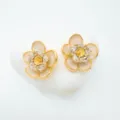 Elegant gold-plated camellia flower stud earrings with sparkling zirconia crystals. - Earrings - White - Empty Setting