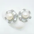 Exquisite hexagonal pearl earrings with mother of pearl and crystal details, elegant design. - White Shell Earrings (Acrylic Bead) / 1 Pair Pack / Silver