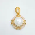 Gold-plated pearl pendant charm with sparkling rhinestones and vintage texture design. - Pendant / Natural Pearl (11mm) / Gold