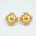 Gold DIY jewelry blank mountings with white enamel and rhinestone rim for pearl setting. - Stud Earrings Pair / Empty Setting / Gold