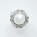 Detailed shot of DIY pearl ring blank with central pearl and rhinestone pave embellishment. - Ring / Acrylic Bead (11mm) / Silver