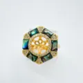 Hexagonal natural mother of pearl ring blank mounting, stylish gold tone jewelry variant. - Abalone Shell Ring Base / Gold
