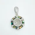 Hexagonal DIY pendant mounting featuring natural mother of pearl and sparkling pave zirconia stones. - Abalone Shell Pendant Base / Silver