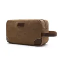 Canvas toiletry bag, brown portable makeup pouch with leather handle for travel daily use. - Coffee