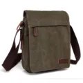 Men's casual dark green canvas messenger bag with adjustable shoulder strap and durable leather trim. - Army Green