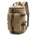Vintage canvas backpack in khaki, cylinder casual daypack with leather trim for travel - S / Khaki