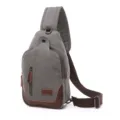 Men casual grey canvas sling bag crossbody chest bag with brown leather trim and zipper. - Gray
