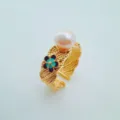Exquisite 18k gold plated open ring featuring a lustrous pearl and enamel flower detail. - Blossom Ring Freshwater Pearl
