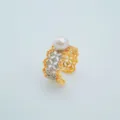 Detail shot of exquisite wide lace hollow design pearl ring with gold silver finish - Lace Edge Ring Freshwater Pearl