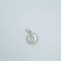 Detailed view of the round mother-of-pearl crystal paved pendant necklace accessory. - Round White Shell (Pendant Only) / Silver
