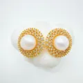 Close-up detail shot of exquisite gold plated pearl and rhinestone circle earrings jewelry piece. - Stud Earrings / Faux Pearl / Gold