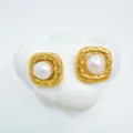 Gold-plated square quilted pearl earrings, elegant designer style stud earrings for women. - Square - Acrylic Beads