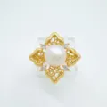 Fashion vintage gold-plated pearl ring with sparkling zircon, elegant lace openwork design. - Square Style (Artificial Pearl) / Gold