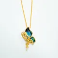 Gold Plated Butterfly Pendant Blank Mounting with Blue Mother of Pearl and Zircon - Abalone Shell Butterfly Pendant (Empty Tray) / Pendant Only (Without Chain) / Gold