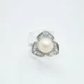 Pearl zircon trefoil ring variant, elegant gold plated flower ring with shiny cubic zirconia. - Triangular Style (Artificial Pearl) / Silver