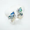 Elegant butterfly pearl earrings with blue-green shell wings and sparkling micro-inlaid stones. - Abalone Shell Butterfly Earring Post (With Artificial Pearl) / Stud Earrings / Silver