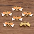 Gold enamel bow connector detail, double loop charm, DIY jewelry making accessory parts close up - 1 Piece / Orange