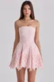 Pink strapless lace mini dress detail, featuring a slim fit and chic hollow-out design for summer. - S / Dresses / Pink