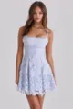 Blue lace hollow-out mini dress detail, showcasing exquisite floral embroidery and fine stitching. - S / Dresses / Blue