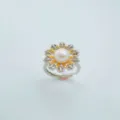 Pearl flower ring with 18k gold plated finish and sparkling cubic zirconia stones. - Flower Ring Freshwater Pearl
