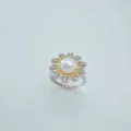 Pearl flower ring with gold and silver tone zirconia gemstone variant design fashion jewelry - Flower Ring Artificial Pearl