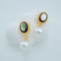 Boucles d'oreilles ovales vintage en coquille d'abalone et perle blanche, élégantes. - Boucles d'Oreilles Coquille d'Ormeau Perle Acrylique / Couleur Foncée