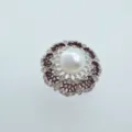 Vintage Pearl Zirconia Ring Variant, 8mm Freshwater Pearl and Sparkling Zirconia Accents. - Silver Lace Ring Artificial Pearl