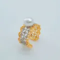 Exquisite 18K gold plated pearl ring with cubic zirconia lacy design elegant jewelry gift. - Lace Edge Ring Artificial Pearl