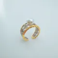 Elegant pearl open ring with zirconia and gold-plated details, stylish jewelry gift for women - Hollow Ring Artificial Pearl