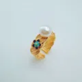 Gold plated open ring with white pearl and enamel flower elegant fashion jewelry accessory - Blossom Ring Artificial Pearl