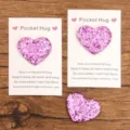 Pink glitter heart pocket hug token with greeting card, cute romantic gift for loved ones. - Purple
