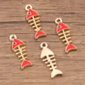 Red enamel and gold tone alloy fish bone charm pendant for DIY jewelry making accessories - Fishbone Pendant / 1 Piece / Red