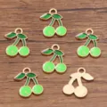 DIY enamel cherry charms, gold plated alloy fruit pendant for handmade jewelry making. - No. 3 Green Cherry