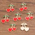Gold metal heart cherry charm DIY alloy jewelry pendant enamel red green cute accessory. - No. 4 Red Cherry