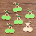 DIY enamel cherry charms alloy gold plated green fruit pendants for handmade jewelry making - No. 5 Green Cherry