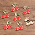 DIY alloy cherry pendants with red enamel and green leaves, perfect for handmade jewelry crafts. - No. 6 Red Cherry