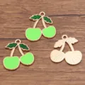 Green enamel cherry alloy charms, DIY jewelry making pendants, gold plated metal accessories. - No. 7 Green Cherry