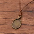 Antique bronze oval blank pendant tray with brown pu leather cord, diy jewelry making supply. - Oval Lace Style 2 (7CDE)