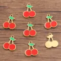 Stainless steel cherry charm pendant, red and green enamel gold plated jewelry accessory. - Big Cherry / 11x14mm (0.7g)