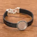 Schwarzes PU-Leder DIY Tablett Armband mit silberner Legierung, stilvoller Schmuck. - 18mm Tablett Antiksilber / Schwarz