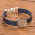 Dunkelblaues PU Leder DIY Tablett Armband, verstellbarer Metallverschluss Schmuck. - 18mm Tablett Antiksilber / Blau