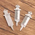 Silver syringe charms for DIY jewelry making, medical theme metal pendants for necklaces bracelets - Style 14 Medical Charm / 1 Piece (13x43mm)