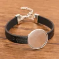 Schwarzes PU-Lederarmband mit runder Metallfassung und Verlängerungskette für DIY Schmuck. - Antiksilber-Stil / 24mm Tablett / Schwarz