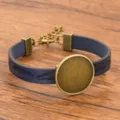 DIY Rohling Armband aus Leder mit bronzefarbener Legierung und federgeprägtem blauem Band. - 24mm Tablett Antikbronze / Blau