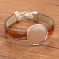 Einfaches Mode PU Leder Legierung Tablett rund Blank Lünette Armband DIY Schmuck - 24mm Tablett Antiksilber / Orange